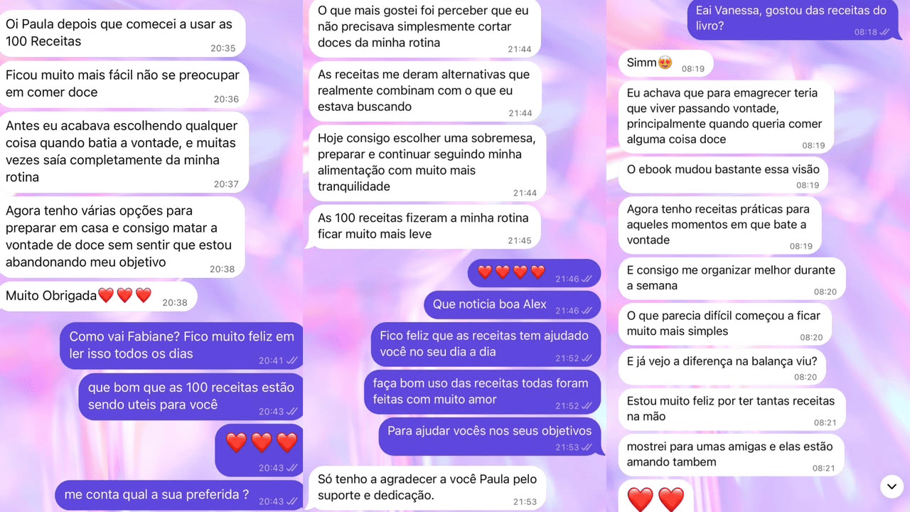 Depoimento de cliente sobre as 100 receitas sem açúcar